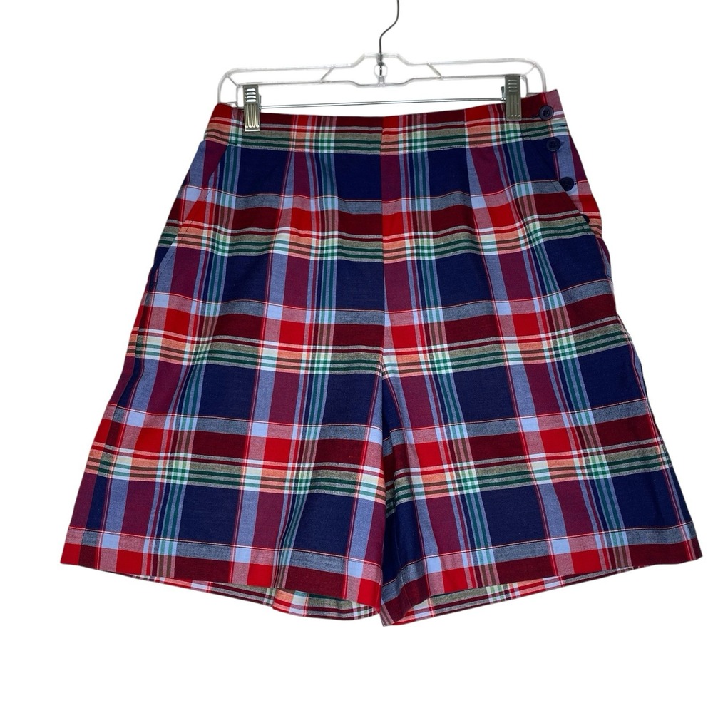 Vintage Talbots Mom Shorts 8 Plaid Red Blue High Rise Retro Rockabilly Ladylike